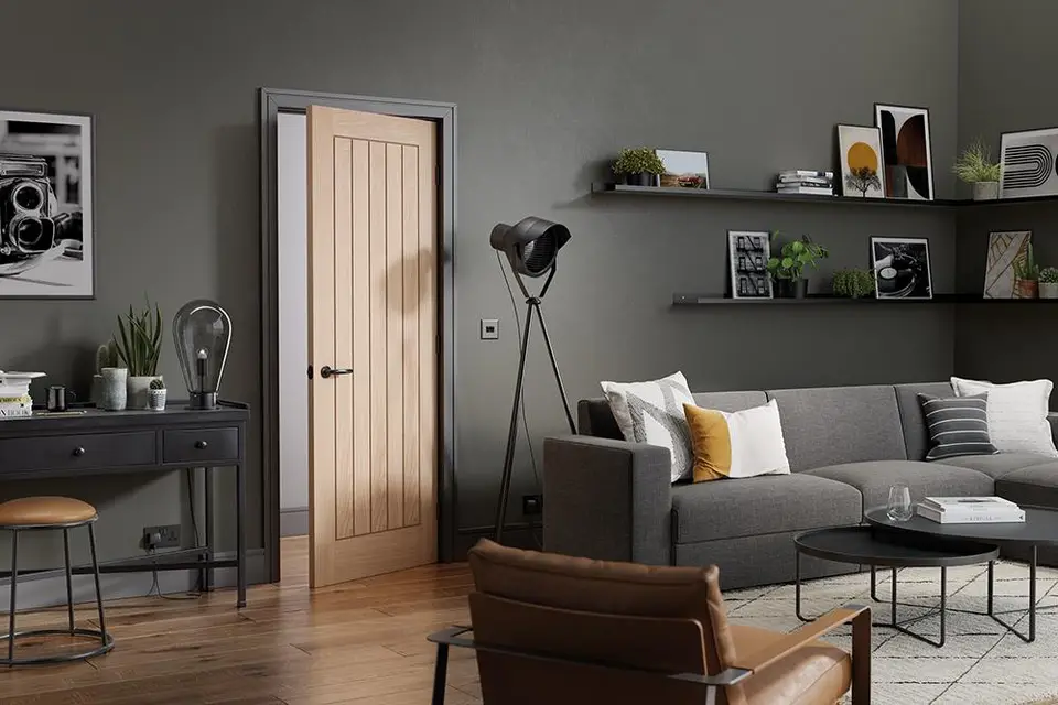 Timber doors for Newcastle homes Solid oak internal door in a modern living room, an example of timber doors for Newcastle homes